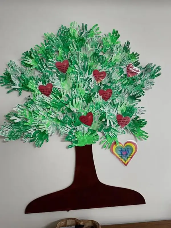 Our Kindness Tree: a wooden tree on the wall covered in green painted handprints from the children, with red paper hearts noting acts of kindness.